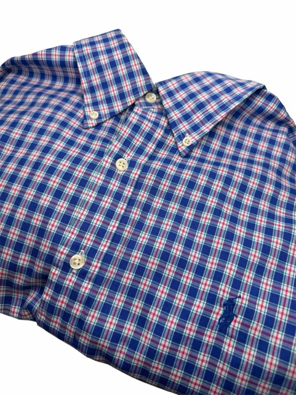 Polo by Ralph Lauren Blue Plaid Button-Down Shirt with Pink Accents